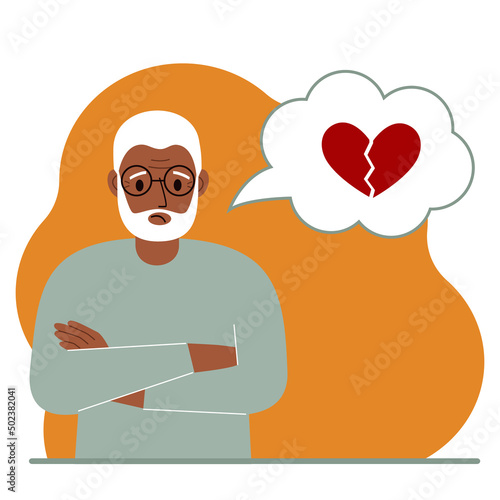Sad grandfather thinks about love. In a balloon of thought, a red broken heart. The concept of parting and not shared love.