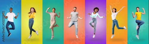 Mosaic of positive multinational young people jumping on studio backgrounds
