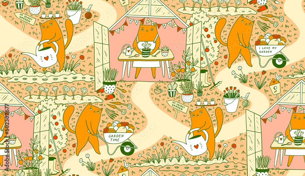 Seamless pattern with cute red cats in the garden. Funny cartoon background. Seamless pattern with cute red cats in the garden. Funny cartoon background.