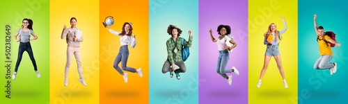 Obraz na płótnie Joyful multiracial students jumping up on colorful backgrounds, collection