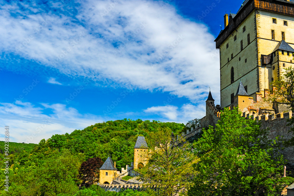 Karlštejn castle, a large Gothic castle founded in 1348 by Charles IV, Holy Roman Emperor, is one of the most famous and most frequently visited castles in the Czech Republic