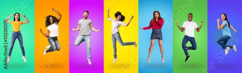 Emotional young guys and ladies leaping on colorful backgrounds