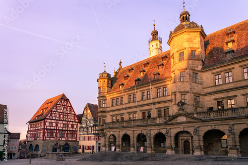 beautiful architecture of romantic Rothenburg ob der Tauber with timbered Fachwerkhaus syle houses in Bavaria Germany