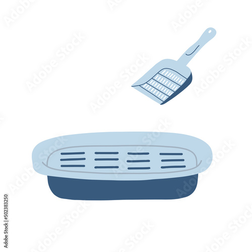 Cat tray and scoop in cartoon flat style. Vector illustration of hygiene accessories for kittens, toilet isolated on white background