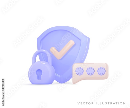 Shield, closed padlock, 2fa two steps authentication password, otp code. 3d secure icon. Concept safety access, security guarantee, protect, safe. Realistic vector illustration photo