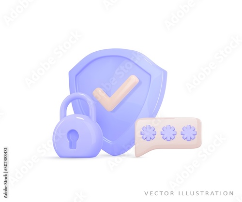 Shield, closed padlock, 2fa two steps authentication password, otp code. 3d secure icon. Concept safety access, security guarantee, protect, safe. Realistic vector illustration
