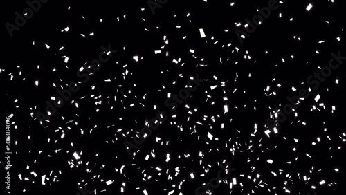 White colored shiny confetti particles explosion. Glittering confetti particles falling from above, 3d render animation. 4K, Alpha channel included.