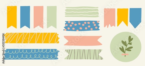 Various paper notes, stickers, tape and flags. Small paper stationery. Hand drawn vector illustration. Cartoon style. All elements are insulated.