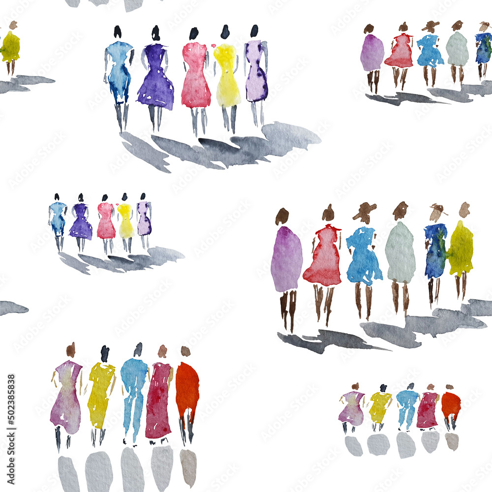 Color spot with watercolors in the form of a group of people. Hand-drawn watercolor illustration: silhouettes of a group of people in full growth. Pattern 