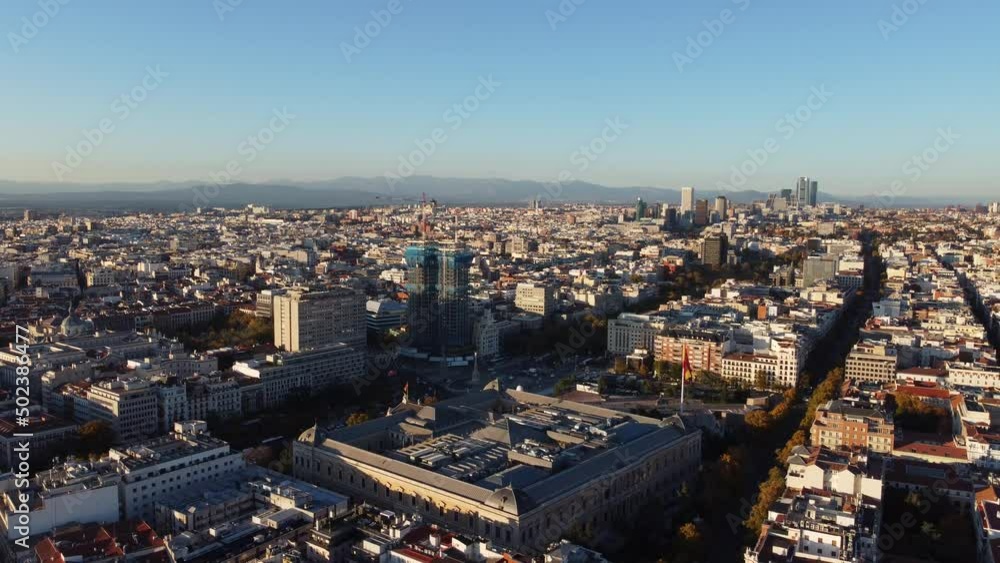 Drone view of sunny Madrid and its quarters from a bird's eye view. Drone view of sunny Madrid and its quarters from a bird's eye view.