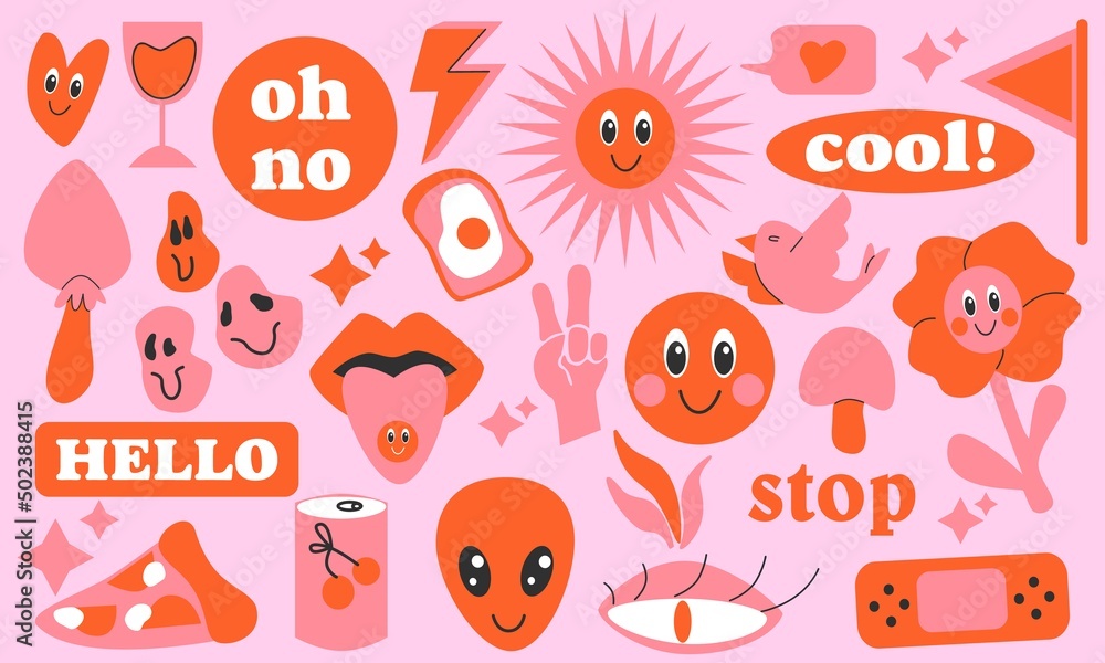 Large set of different cartoon icons, stickers. Emoticons, plants, objects and inscriptions. Psychedelic style. Flat design, hand drawn cartoon, vector illustration. Template for printing. Large set of different cartoon icons, stickers. Emoticons, plants, objects and inscriptions. Psychedelic style. Flat design, hand drawn cartoon, vector illustration. Template for printing.