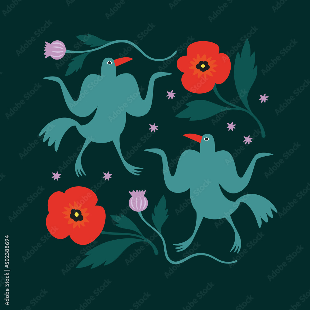 Greeting card with dancing birds and red flowers on a black background