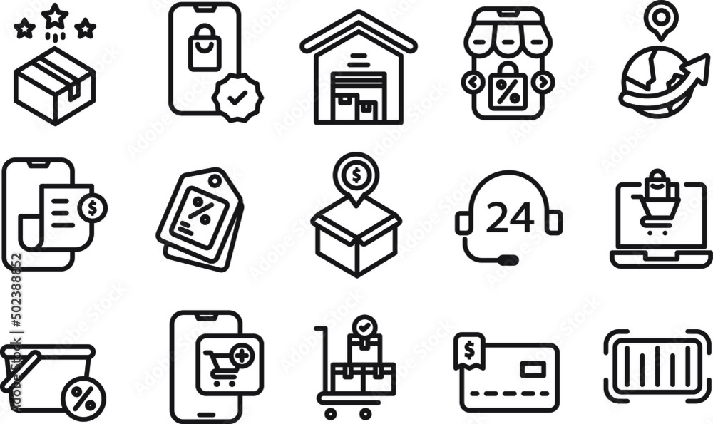 Shopping icon set. collection of web icons for online stores, such as discount, shipping, contact, payment, app store, location, shopping cart