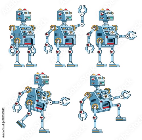 Steampunk cartoon robot in various poses. Retro robot in cartoon style. Vector illustration.