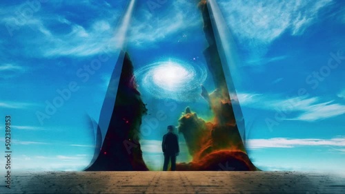 Man reveal galaxy. Surreal landscape