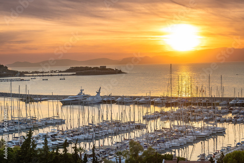 Shot of the bay of Kusadasi Port turkey, full of yachts  parked,  beautiful sunset photo