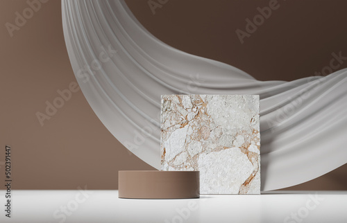 Fototapeta Naklejka Na Ścianę i Meble -  3D background, podium display. Natural stone, white and brown beige banner backdrop with curtain flying. Product promotion Beauty cosmetic, nature banner with stand. Studio empty Minimal 3D render