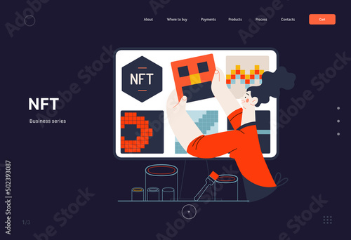 Technology Memphis -NFT Non-Fungible Token -modern flat vector concept digital illustration of placing a NFT object into the blackchain. Creative landing web page template photo