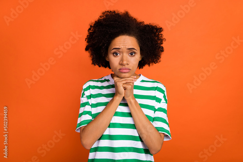 Fotografie, Obraz Portrait of attractive miserable girl asking favor melancholy isolated over brig