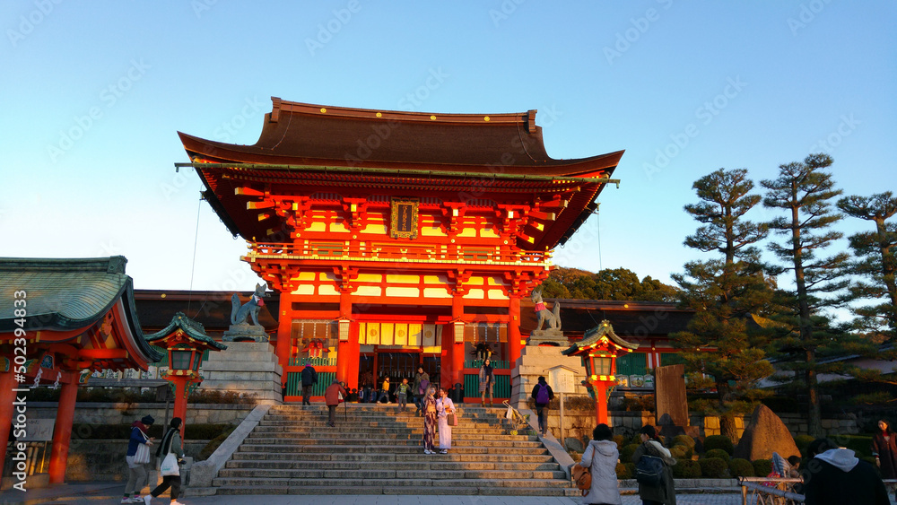 Fushimi Inari Romon Gate. Beautiful Sunset Dusk Fushimi Inari Romon Gate. Beautiful Sunset Dusk
