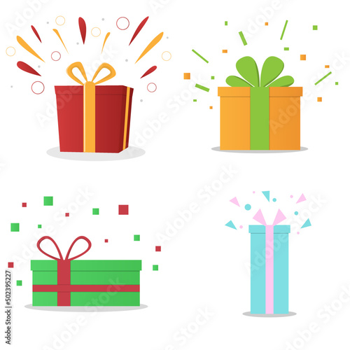 set of surprise gift boxes, birthday celebration, special give away package, loyalty program reward, wonder gift with exclamation mark, vector icon, flat illustratio