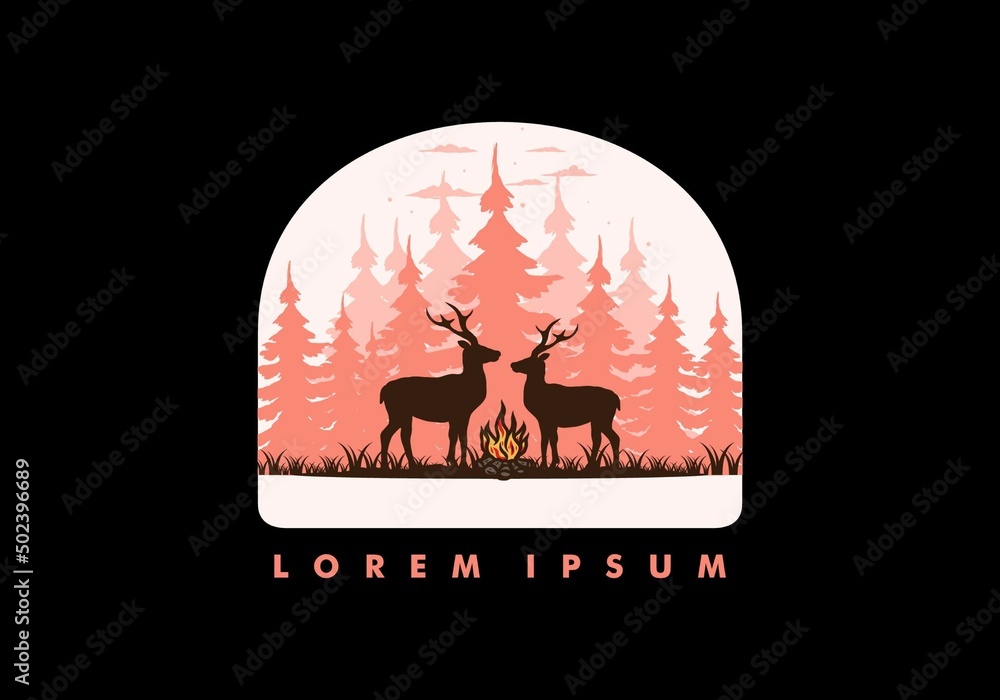 Couple deer and bonfire illustration