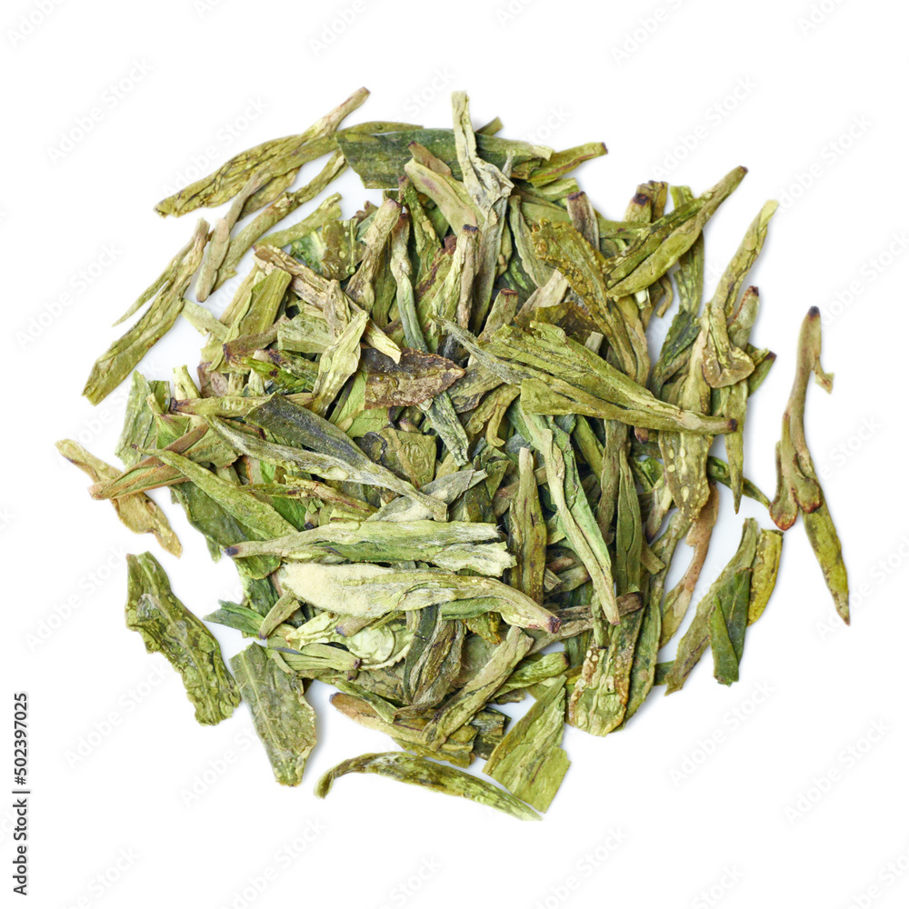 Chinese green tea dry leaves macro, view from above, isolated,round shape pile Chinese green tea dry leaves macro, view from above, isolated,round shape pile