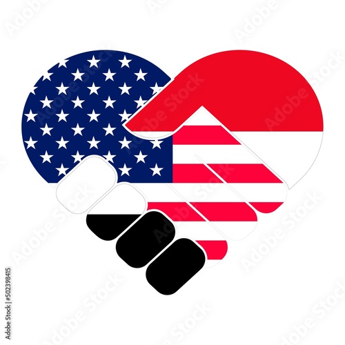 Handshake symbol in the colors of the national flags of USA and Yemen, forming a heart. The concept of peace, friendship.