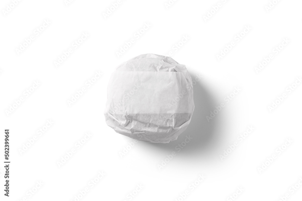 Classic burger packed in the wrapping paper mockup isolated on white background. Top view. 3d rendering. Classic burger packed in the wrapping paper mockup isolated on white background. Top view. 3d rendering.
