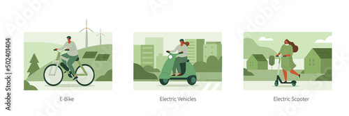 Electric transportation illustration set. Characters in modern eco city driving electric motorcycle, e-bike and scooter. Eco friendly vehicle concept. Vector illustration.