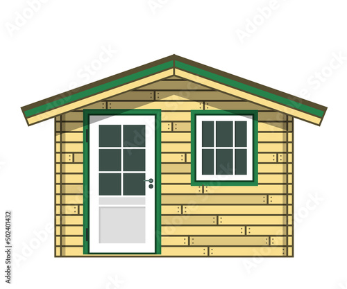 Tiny boarded garden house, small wooden hovel, plank gardening cabin facade, vector photo