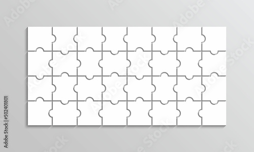 Puzzle thinking game. 32 pieces jigsaw outline grid. Thinking game with separate shapes. Simple mosaic layout. Modern puzzle background. Laser cut frame. Vector illustration.