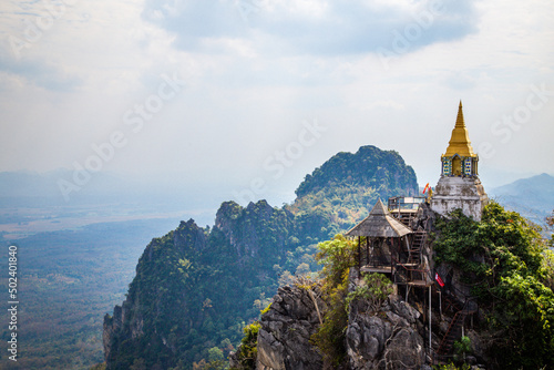 Aerial view of Wat Chaloem Phra Kiat Phrachomklao Rachanusorn, sky pagodas on top of mountain in Lampang Thailand