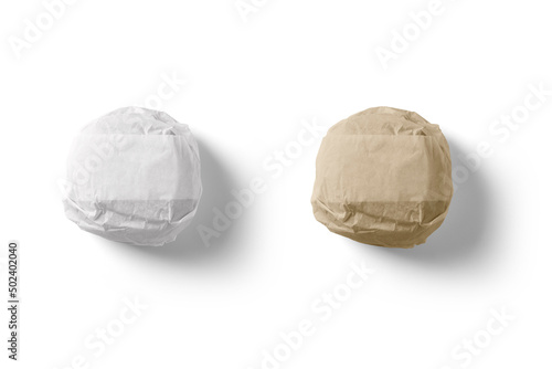 Classic burger packed in the wrapping paper mockup isolated on white background. Top view. 3d rendering.