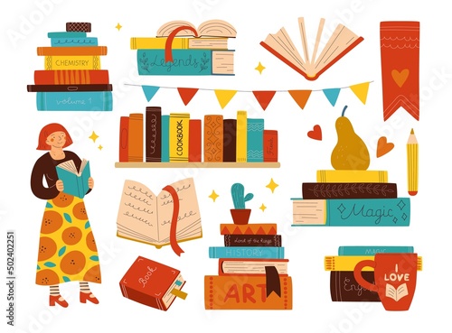 Book store. Woman reader. Bookshelf with vintage covers row and bookmarks. Textbook stacks and piles. Color printed product. Fairy tales and fiction literature. Vector library elements set