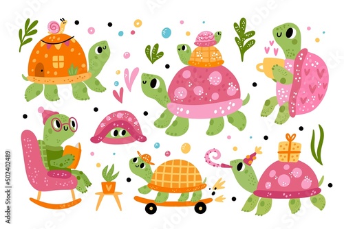 Cartoon turtle. Colorful animals. Baby and adult tortoises. Reptiles celebrating birthday or skateboarding. Pink shells. Terrapins with cubs. Various actions. Vector funny characters set
