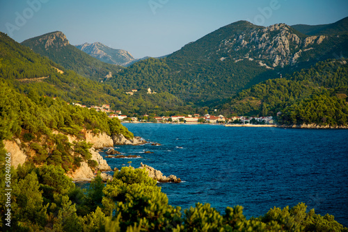 Fototapeta Naklejka Na Ścianę i Meble -  View of the beach with the mountains in Zuljanah , Croatia