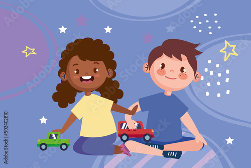 interracial kids playing with cars