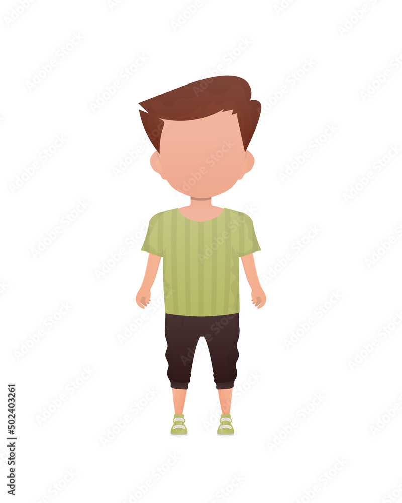 Little boy is standing. Isolated. Cartoon style.