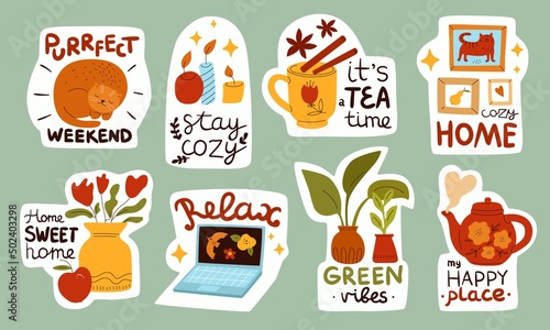 Cozy stickers. Hygge home elements. Little items compositions with funny text. Cup and teapot. Everyday things emblems. Hot drink and houseplants. Aroma candles. Vector doodle style set