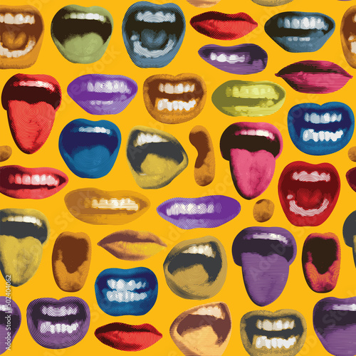 Seamless pattern with colored lips that smile and show tongue and white teeth. Bright vector background with laughing, excited, surprised, angry, singing, screaming human mouths on a yellow backdrop photo