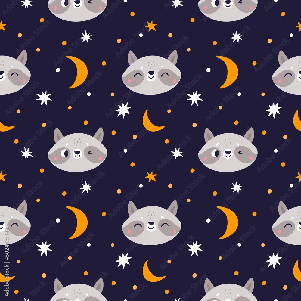 Funny raccoon seamless pattern. Cute little animals smiling faces. Wildlife cartoon characters. Comic mammal muzzles. Stars and dots. Night sky. Happy creatures head. Vector background