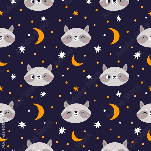 Funny raccoon seamless pattern. Cute little animals smiling faces. Wildlife cartoon characters. Comic mammal muzzles. Stars and dots. Night sky. Happy creatures head. Vector background