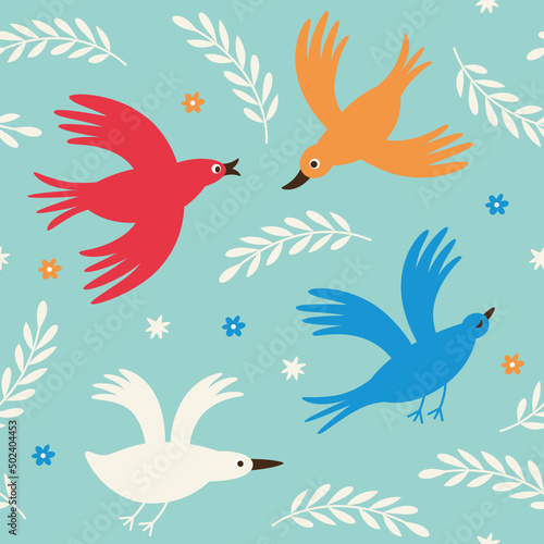 Seamless pattern with color birds and branches. Fabric pattern, kids apparel print, wrapping paper 