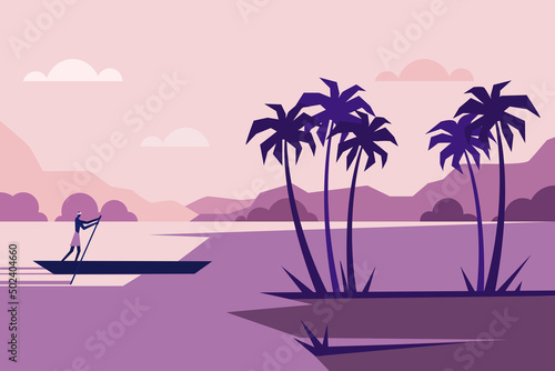 Illustration of a backwater scene in Kerala, India.