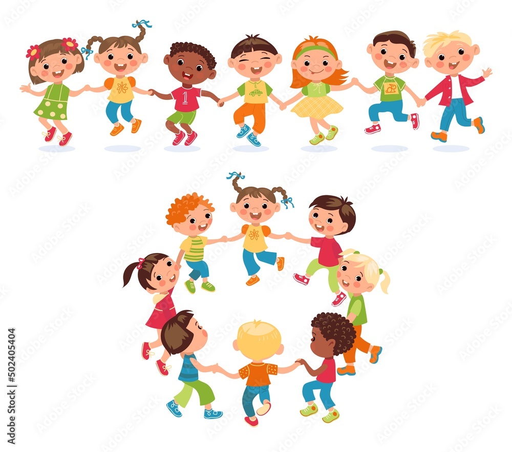 Kids holding hands. Childish chain and circle. Boys and girls lead round dance. Kindergarten game. Friendship and togetherness. Multicultural communication. Vector cartoon characters set