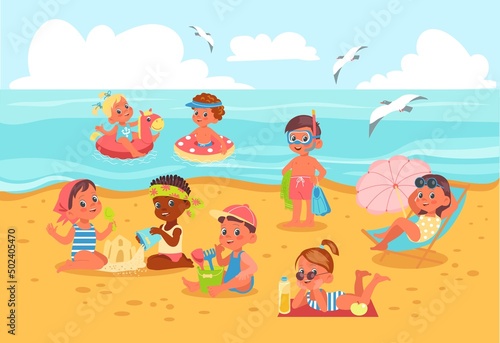 Kids on beach illustration. Summer seashore with boys and girls. Babies sunbathing and swimming in water. Cartoon characters in swimsuits. Happy children play with sand. Vector concept