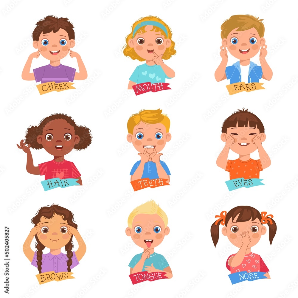 Kids pointing face part. Little funny children demonstrate different head organs. Educational pictures. Boys or girls touch cheeks and noses. People learn anatomy. Vector body studying set Kids pointing face part. Little funny children demonstrate different head organs. Educational pictures. Boys or girls touch cheeks and noses. People learn anatomy. Vector body studying set