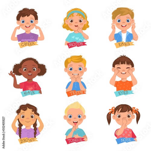 Kids pointing face part. Little funny children demonstrate different head organs. Educational pictures. Boys or girls touch cheeks and noses. People learn anatomy. Vector body studying set