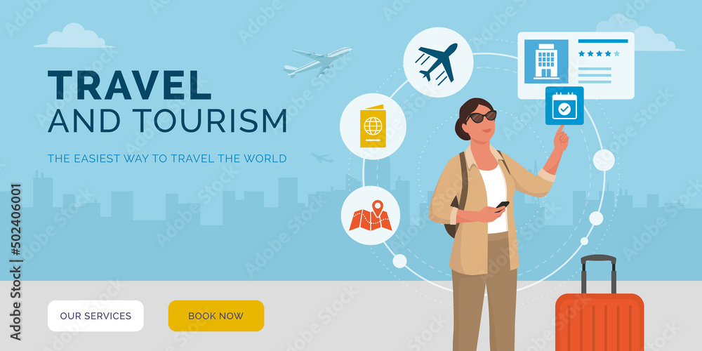 Tourist woman using travel services online